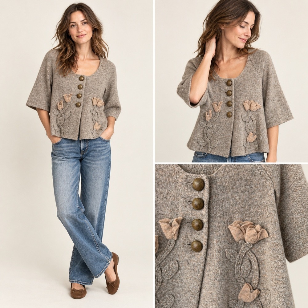 Anthro Moth Brekka Wool Cardigan Sweater XS Tan Floral Applique Short Sleeve